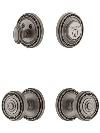 Grandeur Soleil Entry Door Set, Keyed Alike with Soleil Knobs in Antique Pewter.
